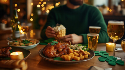 Fototapeta premium St. Patrick's Day meal with Irish food, drinks, and shamrock decorations on the table. AI Generated Images