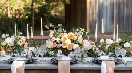 Fototapeta premium Rustic Elegance: A Romantic Outdoor Wedding Table Setting