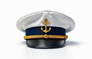 Sailor hat with golden anchor emblem. Navy blue band, white top, shiny black visor. Nautical fashion accessory for marine, seaman, captain. Travel, vacation concept.