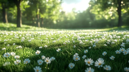 A vibrant field of blooming white daisies, bathed in warm sunlight, creating a serene and peaceful natural atmosphere.