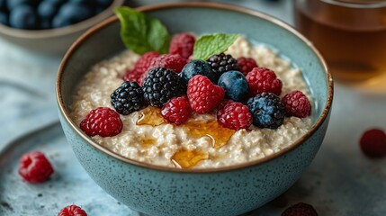 Oatmeal Bowl Topped with Fresh Berries and Honey Drizzle