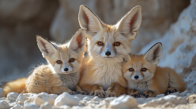 Desert fox family den rocks sunlight wildlife