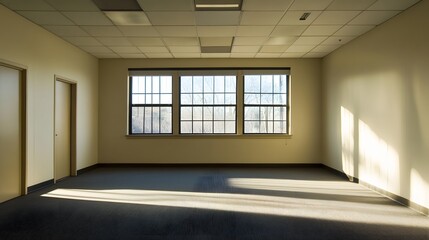empty office room with large windows and sunlight