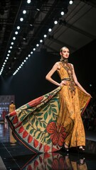 Model Showcases Mustard Yellow Haute Couture Gown with Dramatic Floral Train at Fashion Show