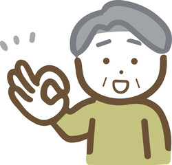 笑顔でOKサインを出すシニア男性(上半身・正面)