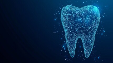 Two human hands holding a tooth Abstract wireframe lowpoly style banner Dentistry dental care and teeth treatment concept Dark blue background Vector illustration