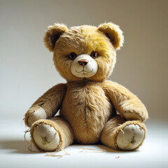 Obraz premium Light Brown Teddy Bear with a Worn, Face Sitting Upright on a Neutral Background