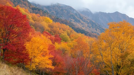 Autumn Mountainside Landscape Vibrant Red Orange Yellow Foliage in Misty Gray Sky