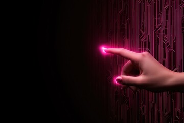 A hand reaches out, touching a glowing pink point against a dark background, suggesting themes of technology and digital interaction.