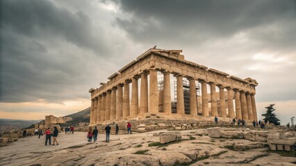 Obraz premium Parthenon Temple Attracts Tourists Under Dramatic Sky