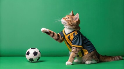 Playful Tabby Cat Wearing Soccer Jersey Batting Ball