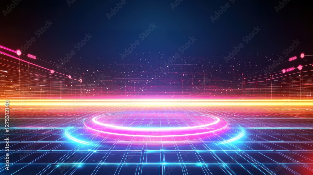 Wall mural futuristic vector tech background, glowing neon elements with a grid-style layout