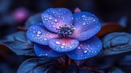 Dew-kissed blue flower, garden, dark background, nature website