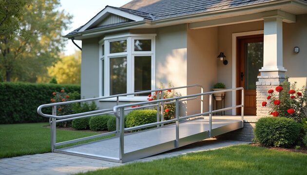 Single-family home features wheelchair ramp, ensuring easy access. Suburban residence shows modern design and clean lines promoting accessibility for disabled people and improved mobility.