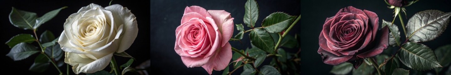 Three roses showcase a spectrum of colors and textures in harmony.