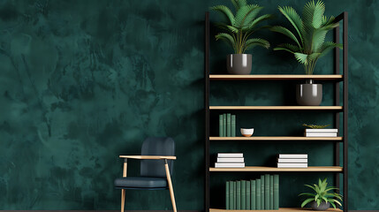 Green Wall Interior Design with Shelving and Chair
