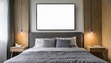Vintage Empty Frame Amidst a Cozy Bedroom Backdrop, Evoking a Chic Minimalist Aesthetic in a SoftlyLit Ambiance