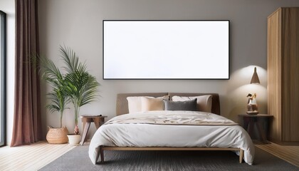 Minimalist Elegance Vacant Frame Silhouetted Against a Softly Lit, Neutral Bedroom Backdrop A Timeless Artwork for Modern Interiors