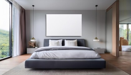 Empty Picture Frame in a Cozy Bedroom Serene Interior Scene with Elegant Minimalism and a Hint of Anticipation for Artwork