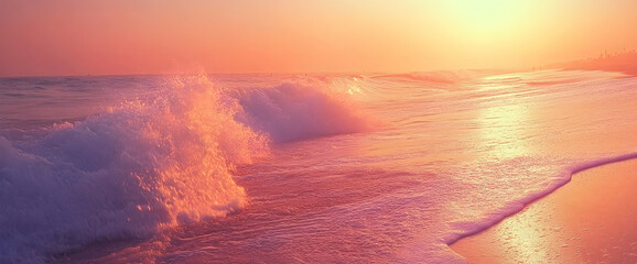 Ocean waves at sunset, sandy beach background. Calm sea. Vacation