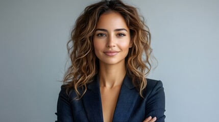 Obraz premium Confident Professional Woman Smiling in Business Attire Against Plain Background