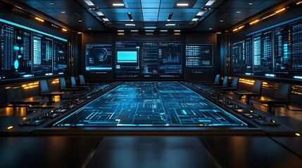 Futuristic control room with interactive displays