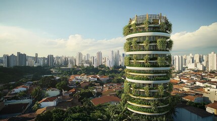 Obraz premium Eco-Friendly Tower Surrounded by Urban Landscape and Skyline View