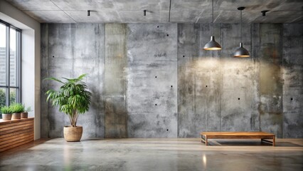 Modern minimalist interior design showcasing a large, textured concrete wall, illuminated by pendant lights, featuring a low wooden bench and potted plants.