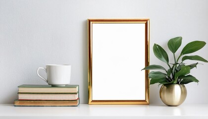 Stunning Horizontal Gold Metal Frame Poster with a Vibrant Green Plant and Eclectic Study Elements in a Modern Interior Space Perfect for Artwork or Home Decor
