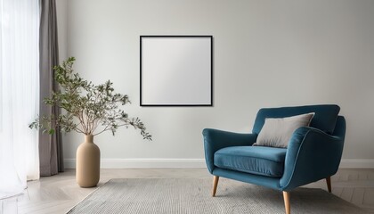 Square Frame Poster Mockup Showcasing a Cozy Living Room Interior with Blue Accents and Futuristic Elements, Perfect for Digital Art, Home Decor, or Design Inspiration