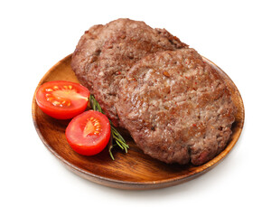 Wooden plate with tasty meat cutlets, tomatoes and rosemary on white background