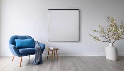 Stylish Poster Mockup in Square Frame against a Cozy Living Room Interior with an Armchair and a Vibrant Blue Pill, Perfect for Modern Art, Home Decor, or Design Inspiration.