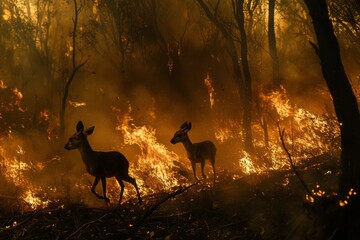 Wild deer escaping forest fire in a dramatic, smoky landscape