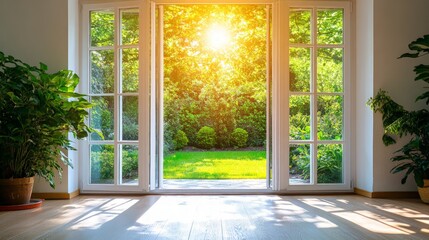Bright Sunny View Through Open Windows Into Lush Green Garden