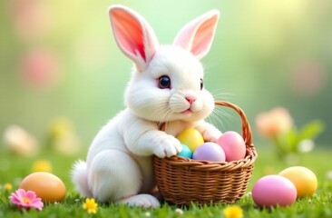 Playful white rabbit sits with colorful eggs in a basket amidst blooming flowers in a bright, sunny garden