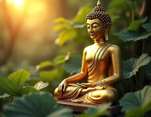 Obraz premium Golden Buddha statue among green foliage, spiritual serenity. Peaceful face, lotus position. Inspiration, enlightenment, peace. Buddhist sculpture meditation pose for postcards, calendar designs.