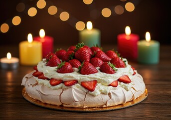 Photo of Pavlova Cake on a wooden table, romantic setting with candles, beautifully topped with whipped cream and strawberries