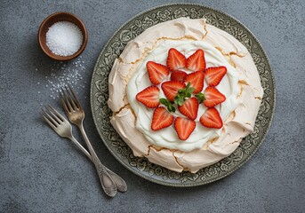 Photo of Pavlova Cake , covered with whipped cream and strawberries, placed on a grey marble table