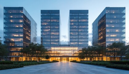 Modern office buildings facade with glass, spacious plaza. Urban city skyline. Commercial corporate skyscrapers, towers windows, steel concrete exterior structure. Contemporary real estate property