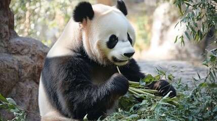 Obraz premium Adorable Giant Panda Chewing Bamboo in Natural Habitat Setting