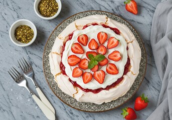 Photo of Pavlova Cake , covered with whipped cream and strawberries, placed on a grey marble table
