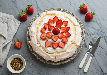 Photo of Pavlova Cake , covered with whipped cream and strawberries, placed on a grey marble table