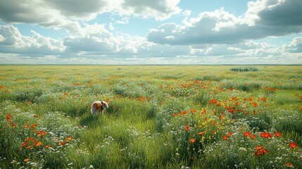 Dog plays in poppy field, sunny day