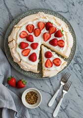 Photo of Pavlova Cake cut, covered with whipped cream and beautiful strawberries, placed on a round plate with many patterns