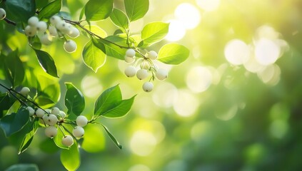 Sunlight Dappled White Berries on Branch, Green Garden
