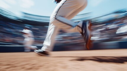 A baseball player running the bases during playoffs. Featuring speed and intensity