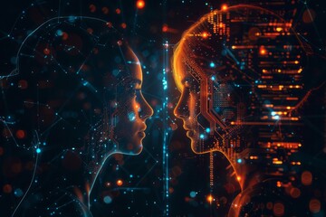 Digital Portraits of Human and AI with Futuristic Neon Elements