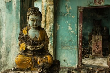 Obraz premium Abandoned Buddha Statue Surrounded by Decaying Environment in Ruins