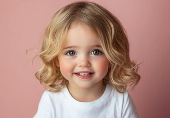 Naklejka premium A young girl with blonde hair and blue eyes smiles warmly, standing against a soft pink background. Her joyful expression and the pastel setting create a cheerful and inviting portrait.