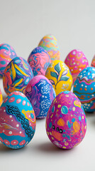 Vibrantly painted Easter eggs with unique and intricate designs, perfect for celebrating the festive spring season. Colorful patterns in various hues of pink, blue, and yellow